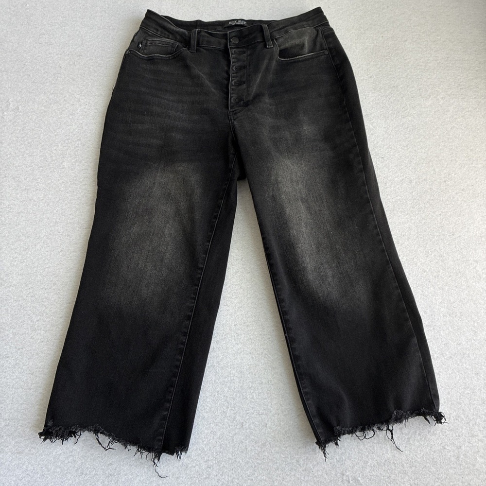 Judy Blue Womens 14W High Rise Button Fly Garment Dyed Wide Leg Crop Raw Hem